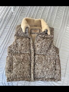 UGG Speckled Brown Quilted Vest with Cream Sherpa Collar